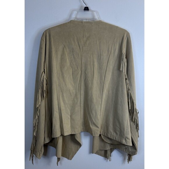COLLEEN LOPEZ Faux Suede Fringe Open Jacket 1X Drape 3/4 Sleeve Tan Western - Picture 4 of 10